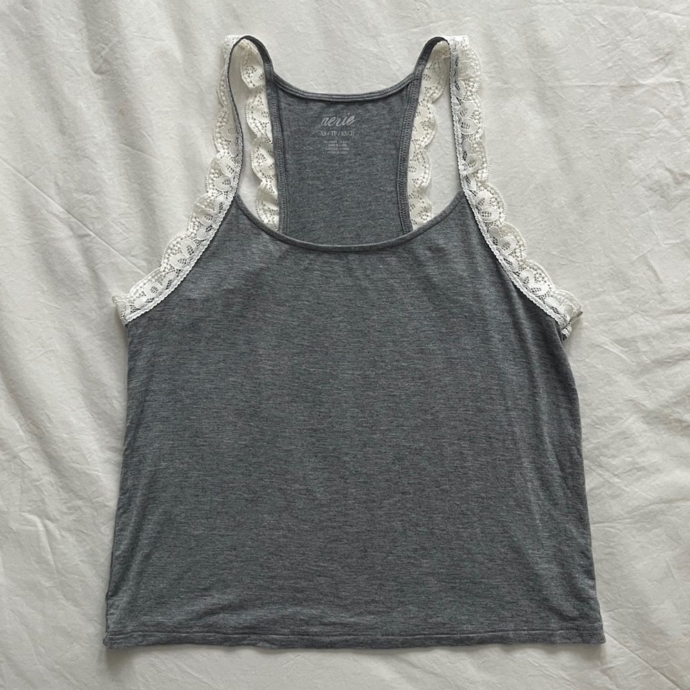 aerie Grey and White Floral Lace Trim Pajama Tank Top